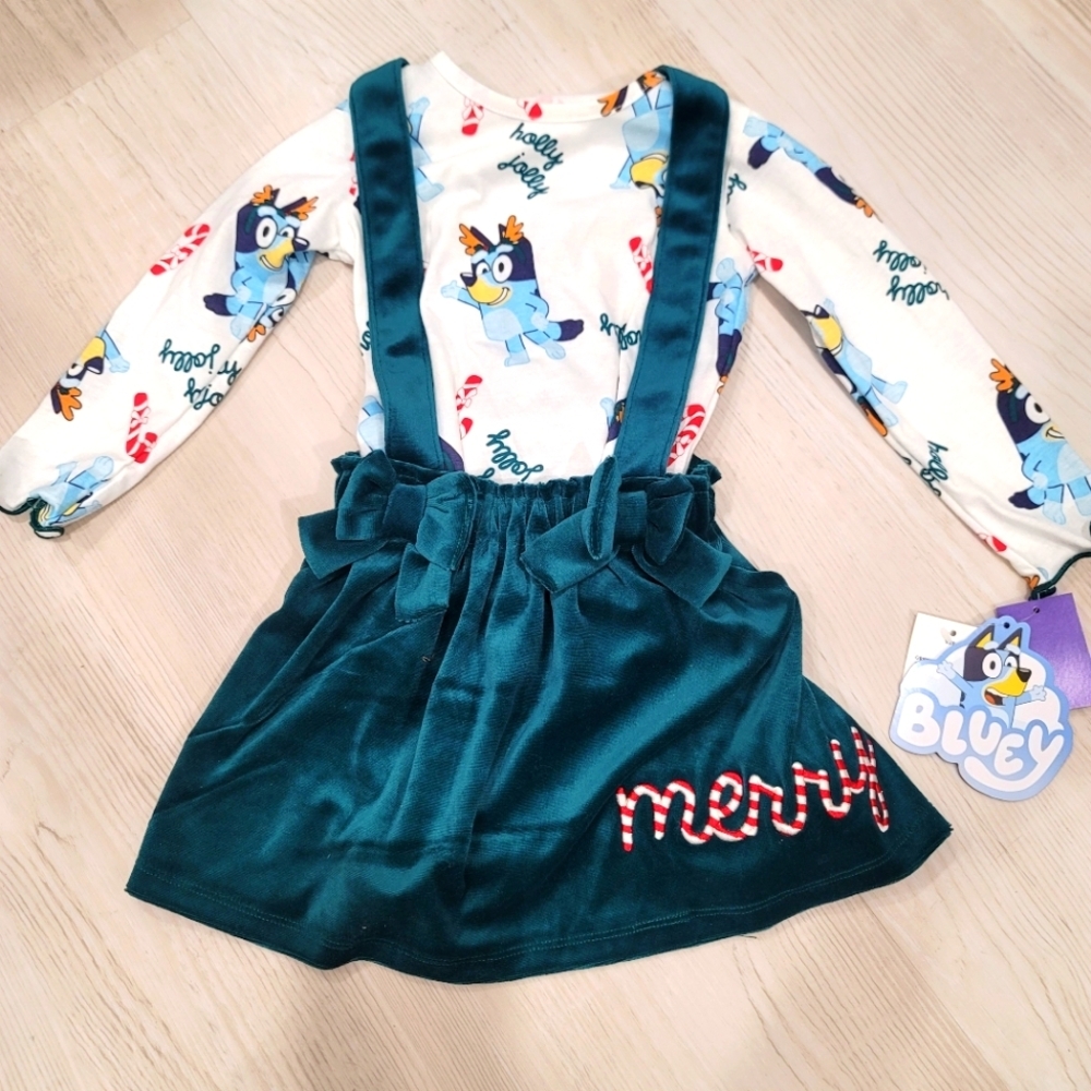 NEW Toddler Girls' Bluey Christmas 2pc Long Sleeve Top and Skirt  Set - Green 2T